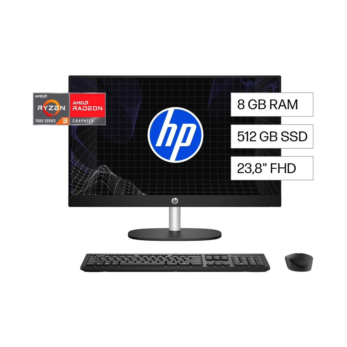 Computadora de Escritorio HP 24"/ AMD Ryzen 3-7320U / 8GB RAM/ 512GB/ Negra